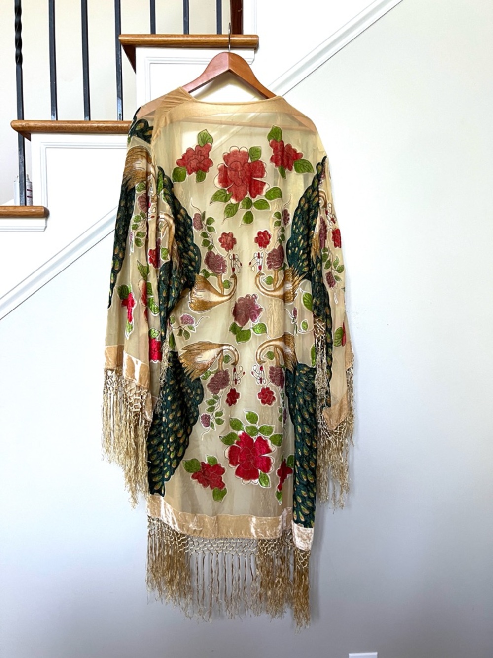 Peacock Burnout Velvet Fringe Kimono Robe Boho Festival BeigeTeal Silk Duster OS